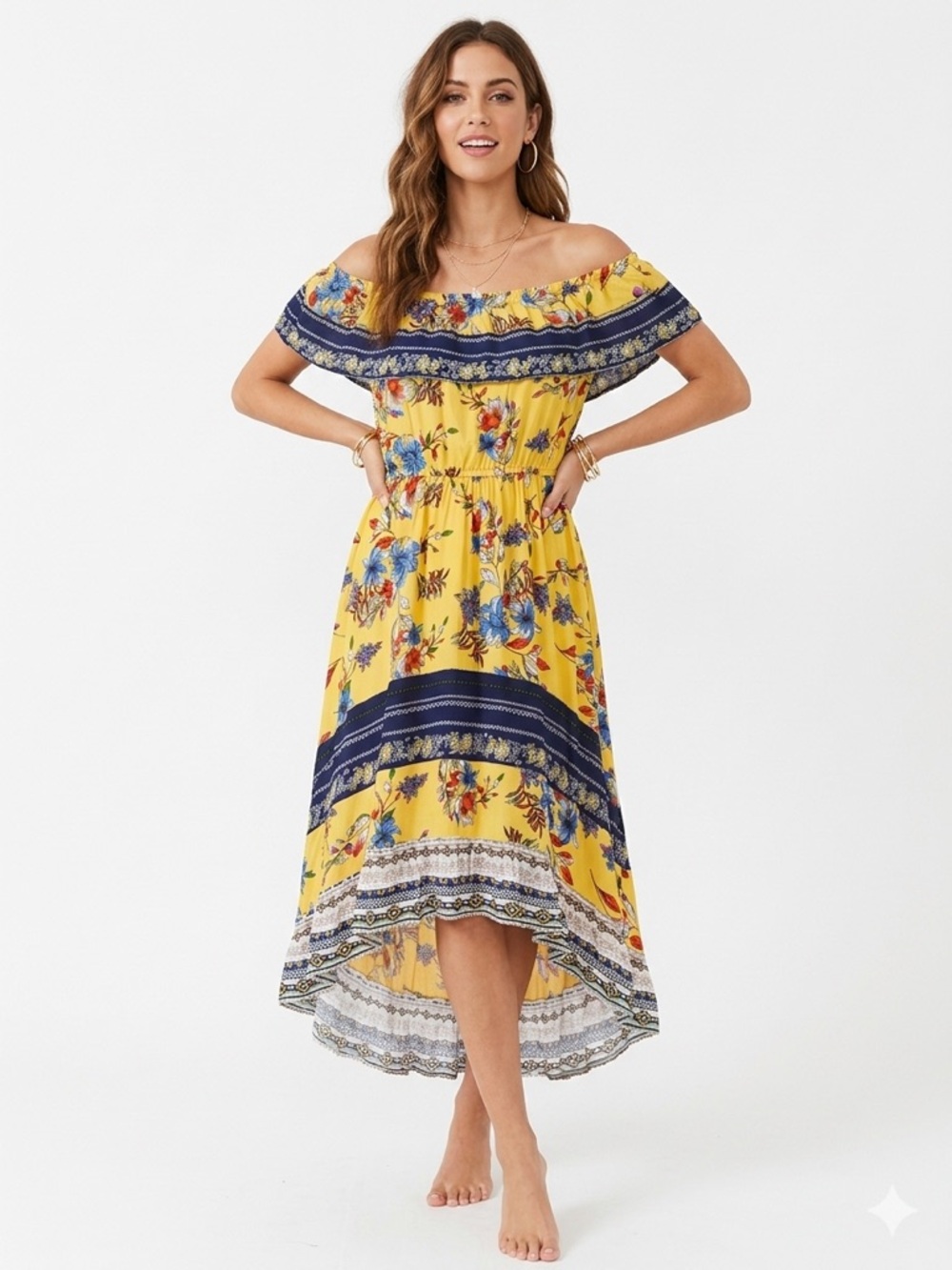 Umgee Yellow and Blue Floral Off-Shoulder High-Low Maxi Dress